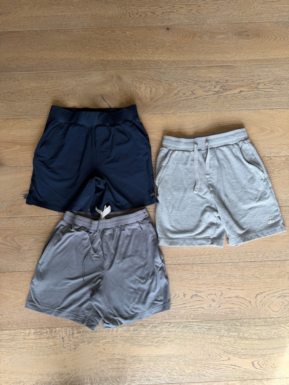 3 ALO Athletic Shorts in Navy, Light Gray & Charcoal